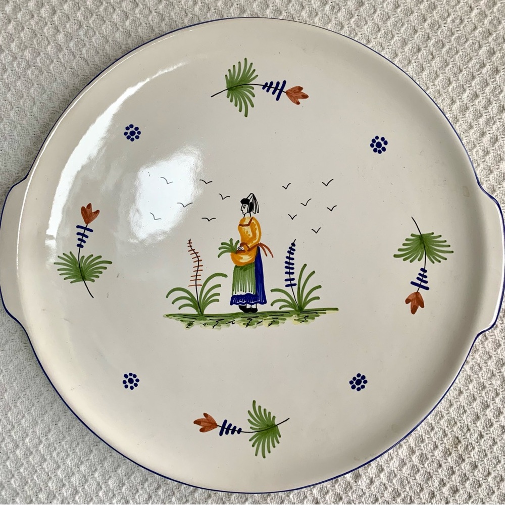 Hand Painted Platter, France, Quimper Style. Breton Woman, 12” w/ Handles EUC